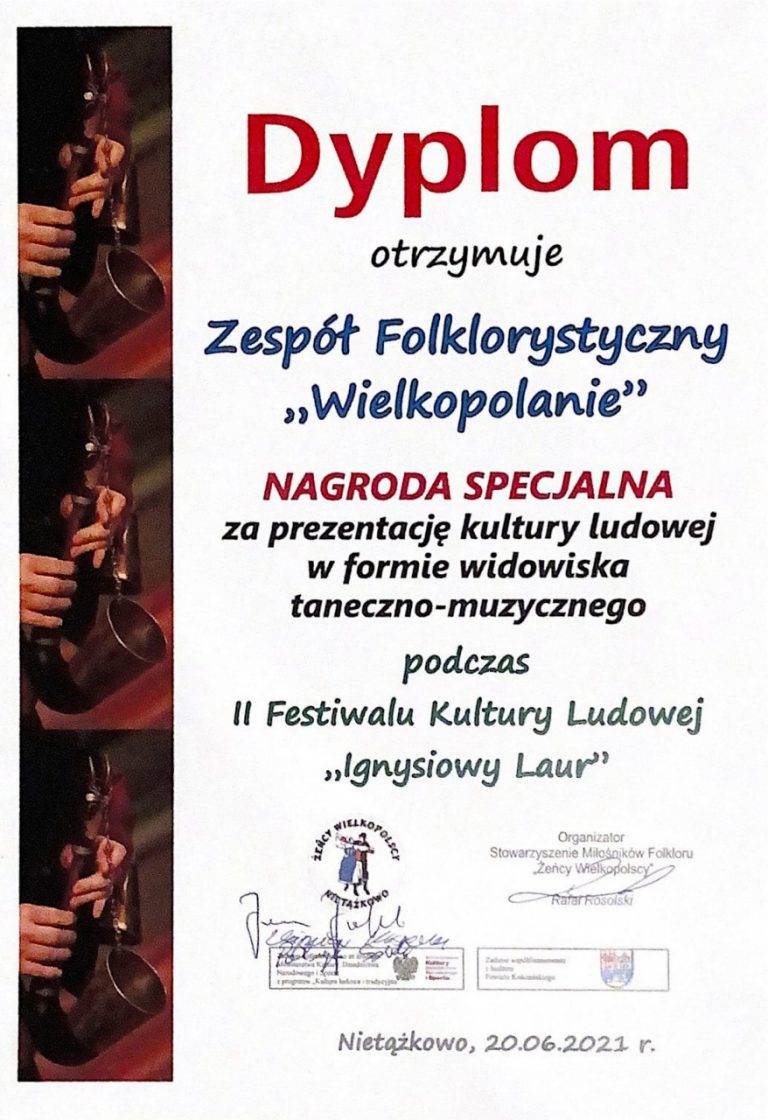 na zdjęciu dyplom dla Zespołu Folklorystycznego Wielkopolanie